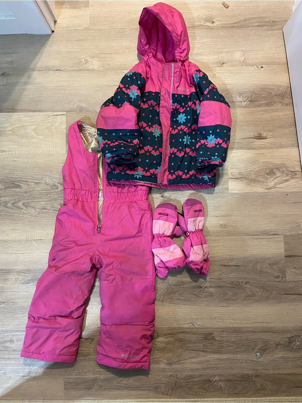 Columbia Pink and Teal Floral Kids Snow Jacket, Bibs & Mittens Set
